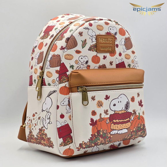 Loungefly Peanuts Snoopy Fall Cozy Autumn leaves Brown Mini Backpack Bag New - Picture 2 of 6